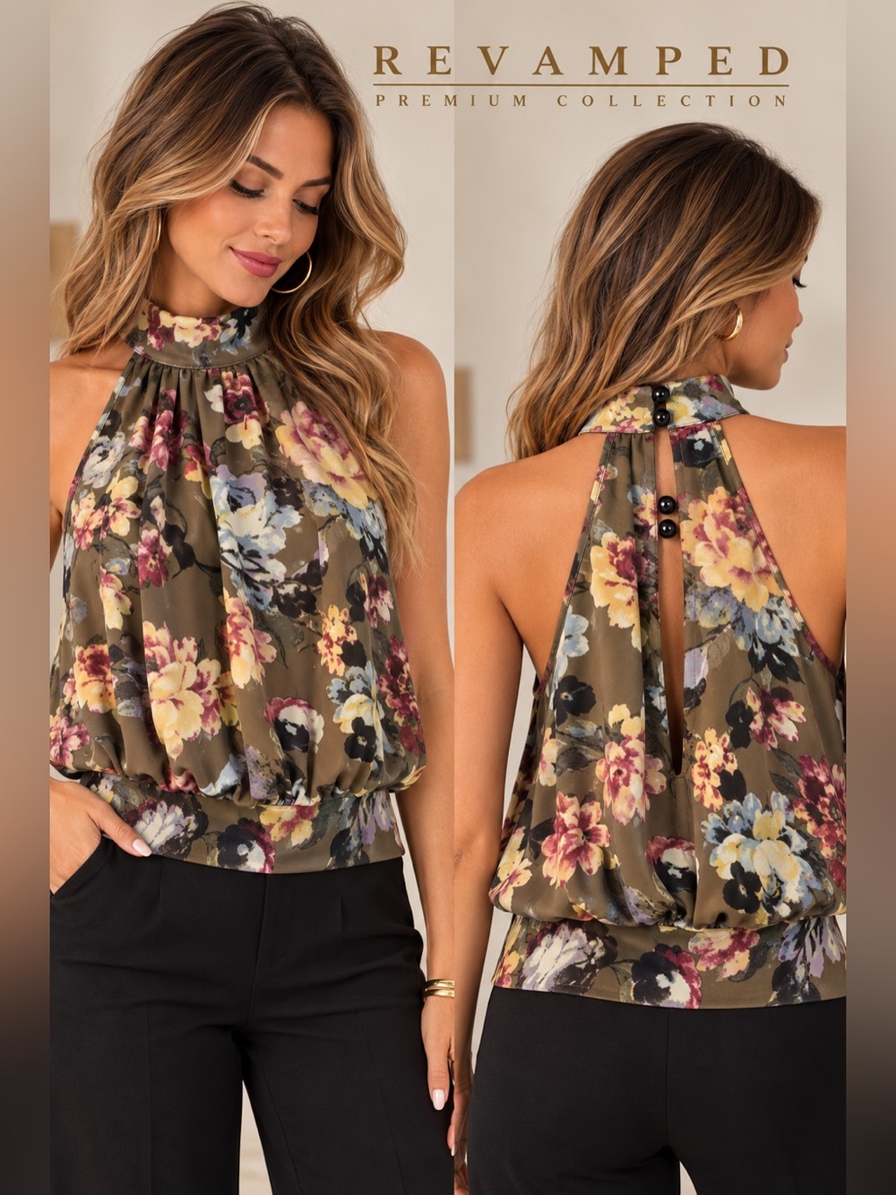 Revamped Premium Collection Floral Halter Blouse Olive Green Size M